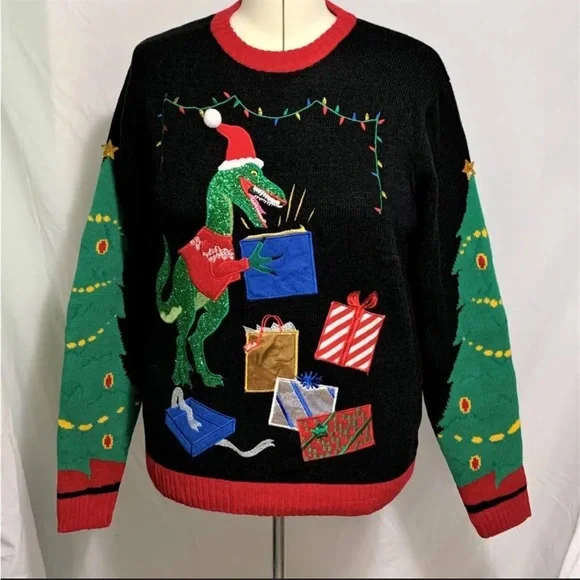 Mens Funny Black Sparkle T-Rex Dinosaur Christmas Holiday
X-Mas Sweater Sz.XL - Picture 3 of 13